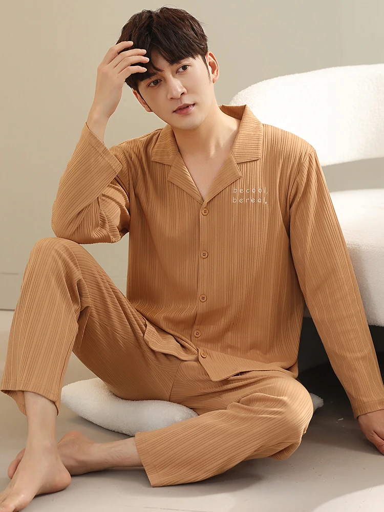 Men Family Pajamas 100% Cotton Spring Dark Blue Pyjamas Pants Bedroom Simple Autumn 2 Pcs Home Clothes Pijamas Suits New Fashion