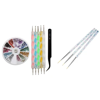 

3 in 1:2400 Piece Rhinestones ,Nail Art Tweezer and 5X2 Way Marbleizing Dotting Pen Set. & 3x Nail Art Liner Brushes