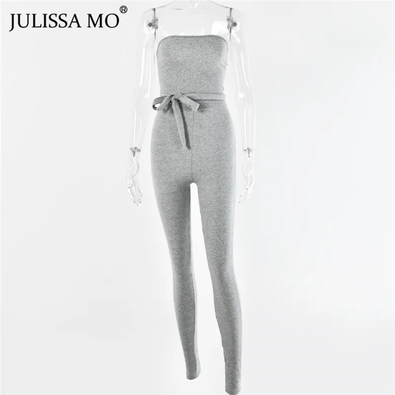 Серый JULISSA MO хлопковый трикотажный сексуальный Облегающий комбинезон для женщин без бретелек с открытой спиной комбинезоны модные кружевные длинные штаны комбинезоны - Цвет: Серый