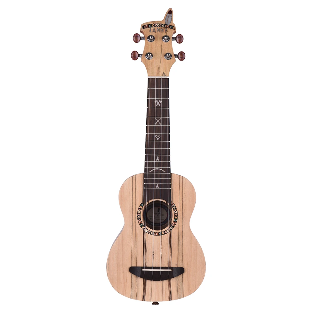 

21" Acoustic Wooden Soprano Ukulele Ukelele Uke Spalted Maple Wood Carbon String with Padded Bag Strings Strap Clip-on Tuner