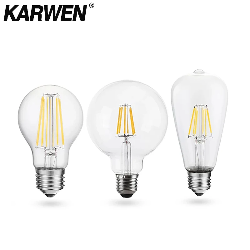 레트로 에디슨 LED 필라멘트 전구 E27 E14 램프 4W 6W 220V-240V 전구 C35 G45 A60 ST64 G80 G95 유리 전구 빈티지 촛불