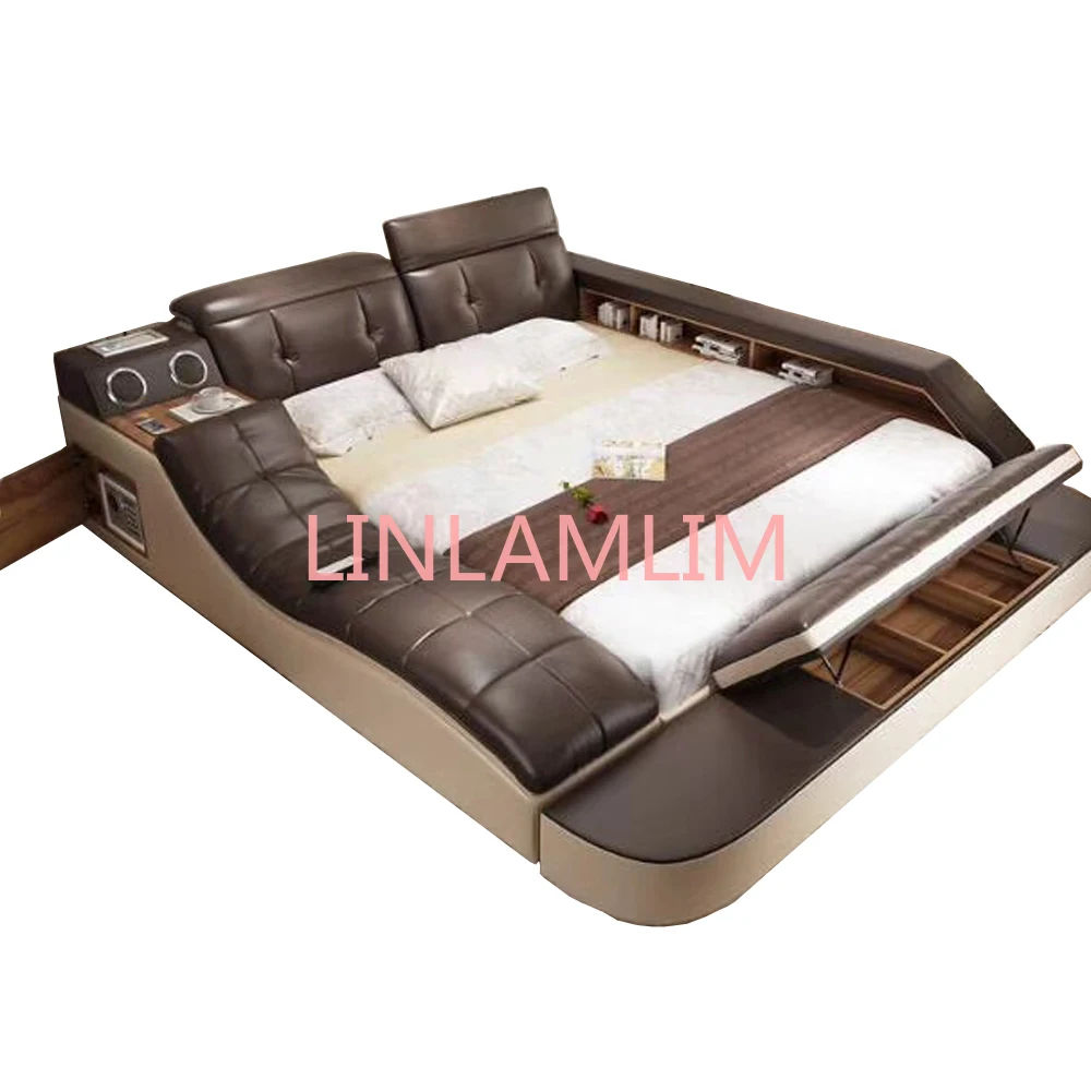 Genuine Leather Tech Smart Bed Multifunctional Beds Frame Ultimate Tatami Lit Massage Camas with Bluetooth,Speaker,Projector,Min