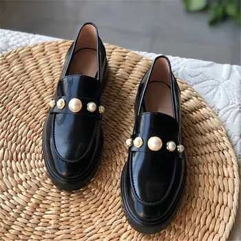 

Ladies Heel shoes Women Pumps Scarpe Donna Leisure Patent Leather Chaussures Femme Pearl Female Shoes Med Heel Zapatos De Mujer