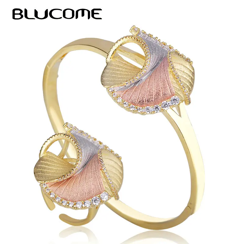 Blucome Cubic Zirconia Wedding Jewelry Sets For Women Special Design Bracelet 3 Tones Grass Geometry Copper Wide Bangle Ring Set | Украшения