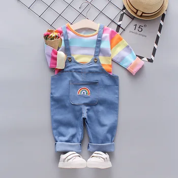 

Children's Clothing 2020 Autumn New Little Girls Color Striped Long-sleeved T-shirt Strap-pants Two-piece Baby Girls Casual Suit