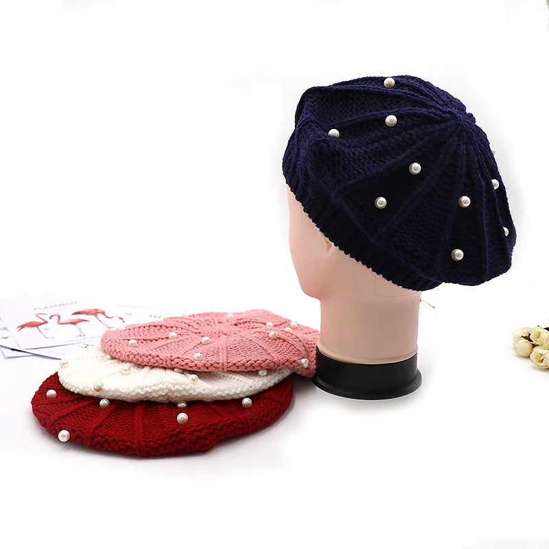 WZCX Pearl Inlay Solid Color Knitting Girl Beret Fashion New Keep Warm Autumn Winter Casual Tide Outdoor Women'S Hat Adult Cap