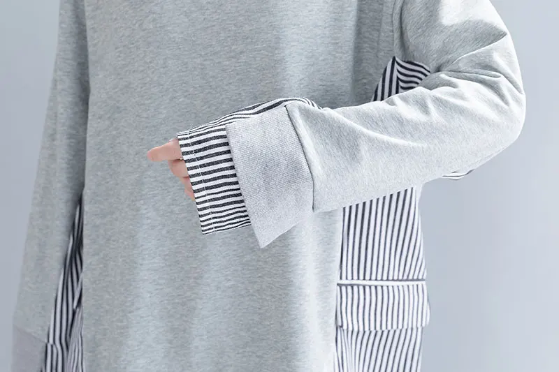 Большие размеры 4XL, Осень-зима, женские модные элегантные топы в полоску, женские топы, большие, большие, длинные, свободные, хлопковые, с карманами, толстовка