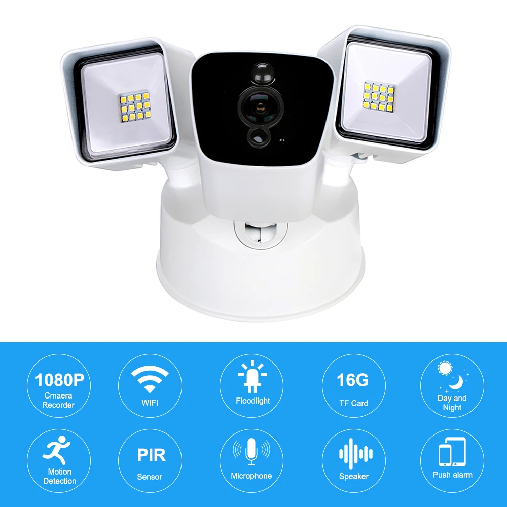 

1080P Floodlight Camera WiFi Floodlight Camcorder Waterproof Security Cam Two-Way Talk Motion Detection PIR Sensor Push Alarm