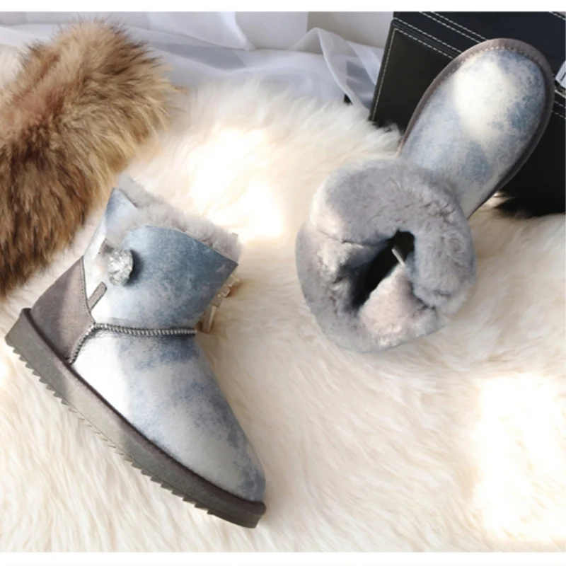 

BLIVTIAE/Luxury Sheepskin Snow Boots Women Genuine Leather Short Crtstal Button Sweet Boots Winter Wool Sheep Fur Boots