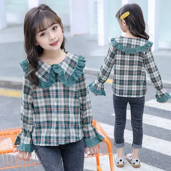 

Fashion Autumn Kids Shirts for Girls Green Plaid Cotton Blouses Casual Children Clothes School Lace Collar Long Sleeve Tops