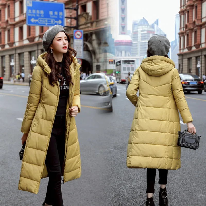 Желтая зимняя куртка, Женское пальто, карамельный цвет, пуховик с хлопковой подкладкой, длинная куртка с капюшоном, утолщенная Женская парка размера плюс M-6XL