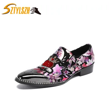 

Mens Dress Shoes Print Embroidery Pointed Toe Wedding Shoes Gents Party Leather Shoes Oxfords Flats Night club Shoes Sapatos