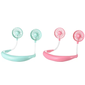 

2 Pcs 2000 MAre USB Portable Fan Hands-Free Neck Fan Hanging Rechargeable Mini Sports Fans 3 Gears Pink & Green