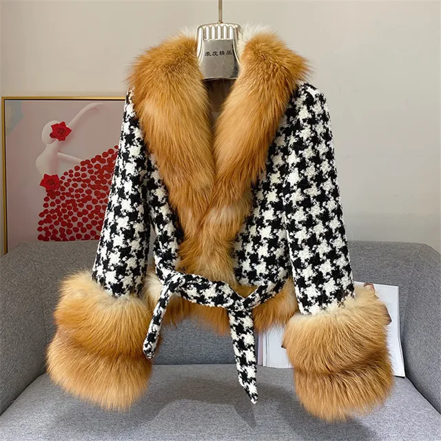 $97.21 Coat Real-Fur-Coat Silver Houndstooth Winter Women Fox-Fur Fashion Ladies Red Fox Court