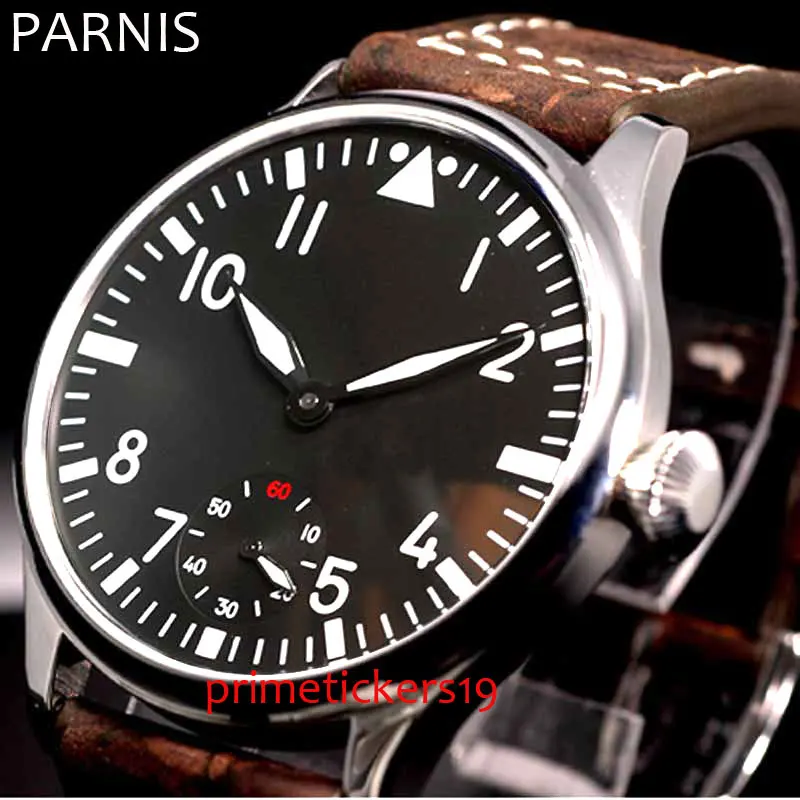 

Hand winding 6498 movement 44mm PARNIS black dial leather strap mens watch