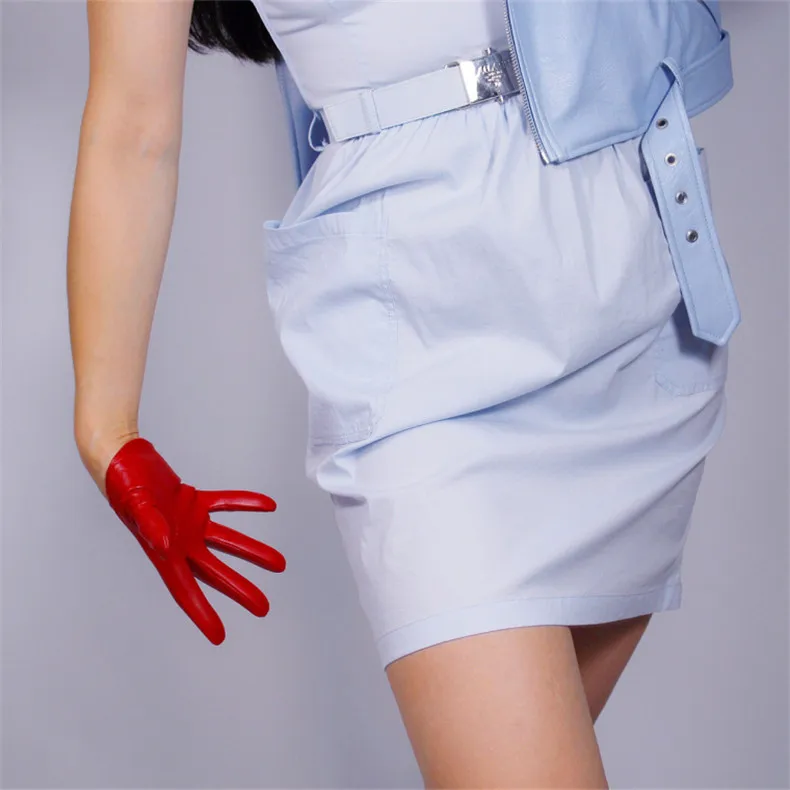 Стильные кожаные перчатки средней длины 28 см из искусственной кожи и овчины, женские красные рождественские перчатки из искусственной кожи WPU55