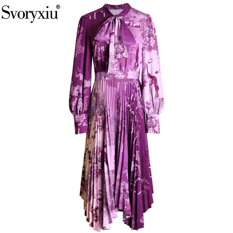 

Svoryxiu Designer Autumn Winter Pleated Dress Women's Bow Collar Lantern Sleeve Ombre Printed Elegant Purple Party Midi Dresses
