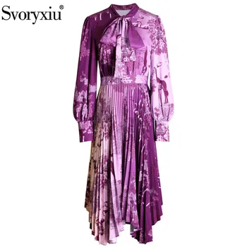 

Svoryxiu Designer Autumn Winter Pleated Dress Women's Bow Collar Lantern Sleeve Ombre Printed Elegant Purple Party Midi Dresses
