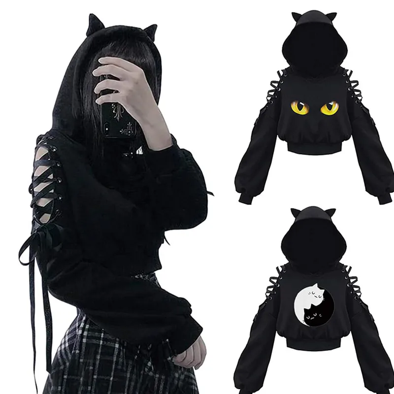 Women Long Sleeve Hoodies Kawaii Cat Ears Hoodie Gothic Punk Harajuku