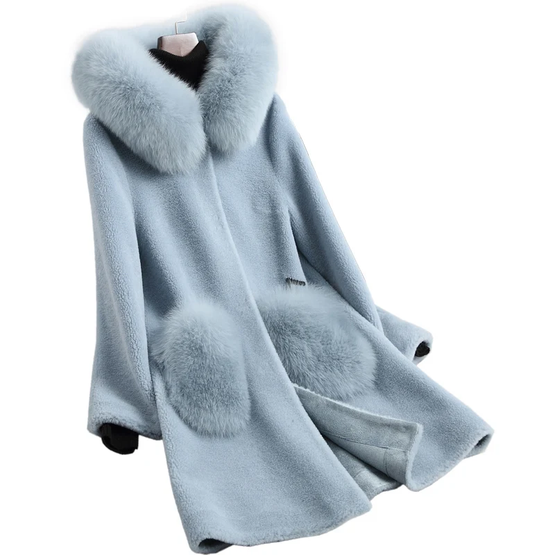 

Fox Fur Collar 100% Wool Jacket Real Fur Coat Autumn Winter Coat Women Clothes 2020 Sheep Shearling Korean Vintage Tops ZT3715