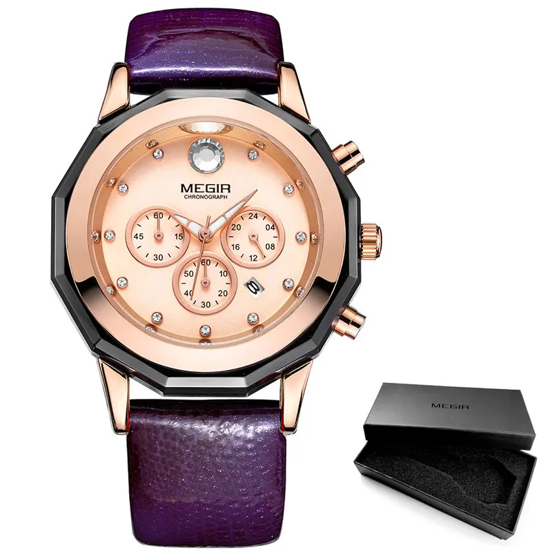 Люксовые часы от бренда Megir, Для женщин элегантные кварцевые секундомеры модные Водонепроницаемый светящийся хронограф 24 часа наручные часы для женщин леди 2042LREWE - Цвет: ML2042L-Purple