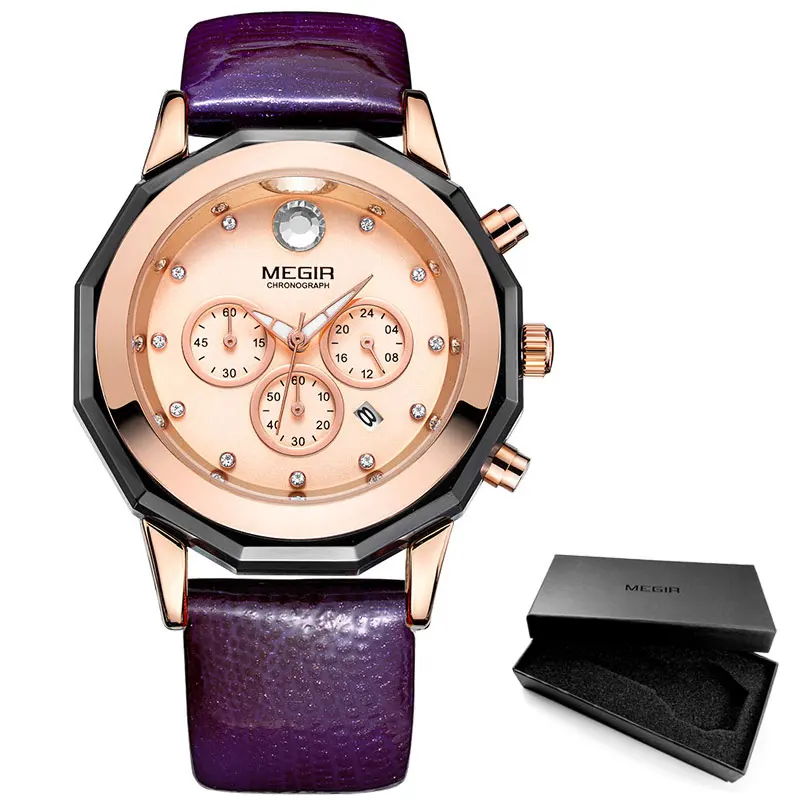 ML2042L-Purple Люксовые часы от бренда Megir, Для женщин элегантные кварцевые секундомеры модные Водонепроницаемый светящийся хронограф 24 часа наручные часы для женщин леди 2042LREWE - Цвет: ML2042L-Purple