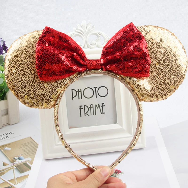 Disney Minnie Mouse Headdress Pretend Play Game Mickey Head Ears Sequin Girls Hair Bands Princess Head Hoop Plush Toys Kid Gift