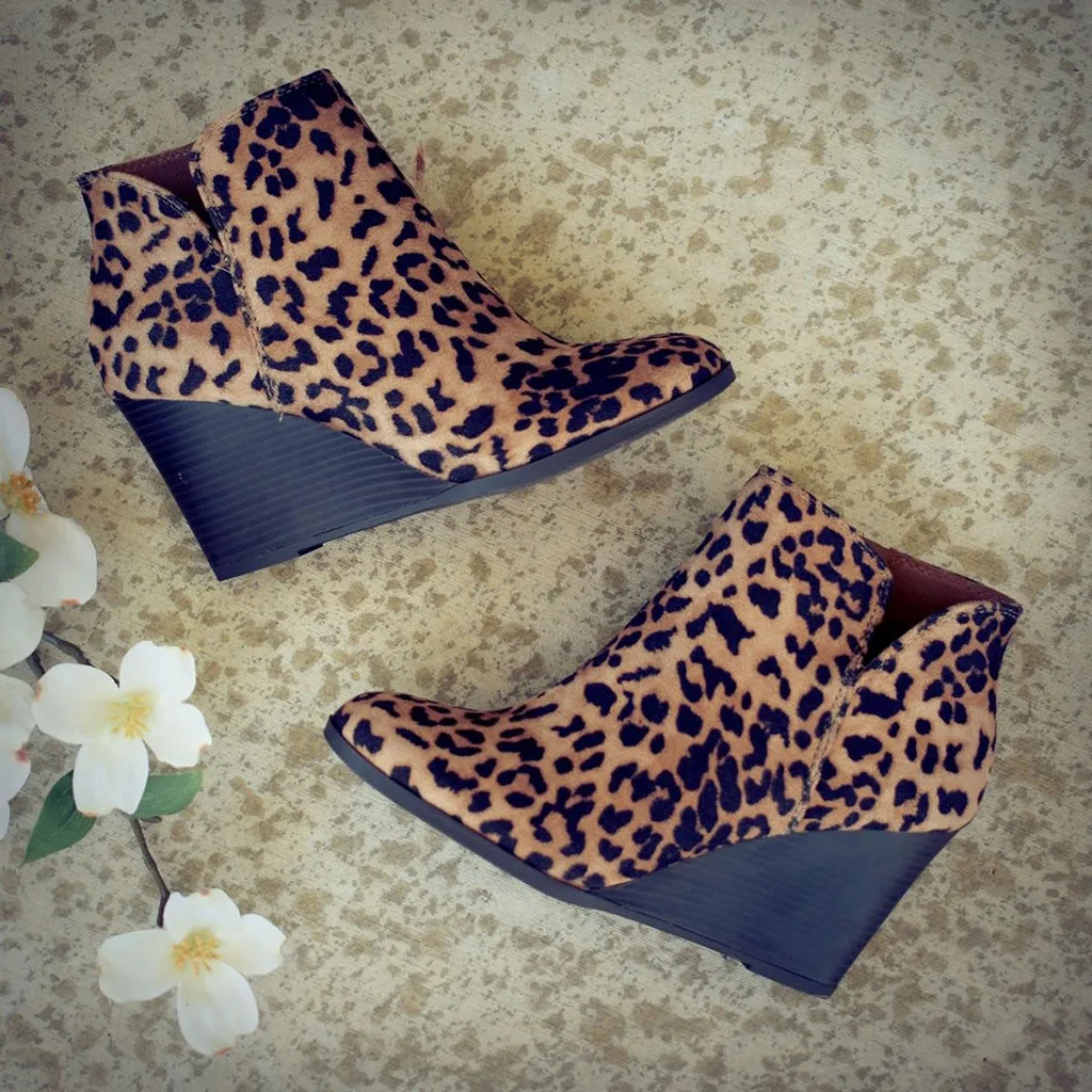 Ankle Boots For Women Leopard Printed Short Boot Wedges Heels Booties Female Round Toe Platform Shoes Plus Size Zapatos De Mujer