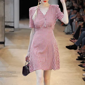 

Short Sleeve Red White Plaid Dress Female Slim Fit Slim V Collar A Word Short Skirt