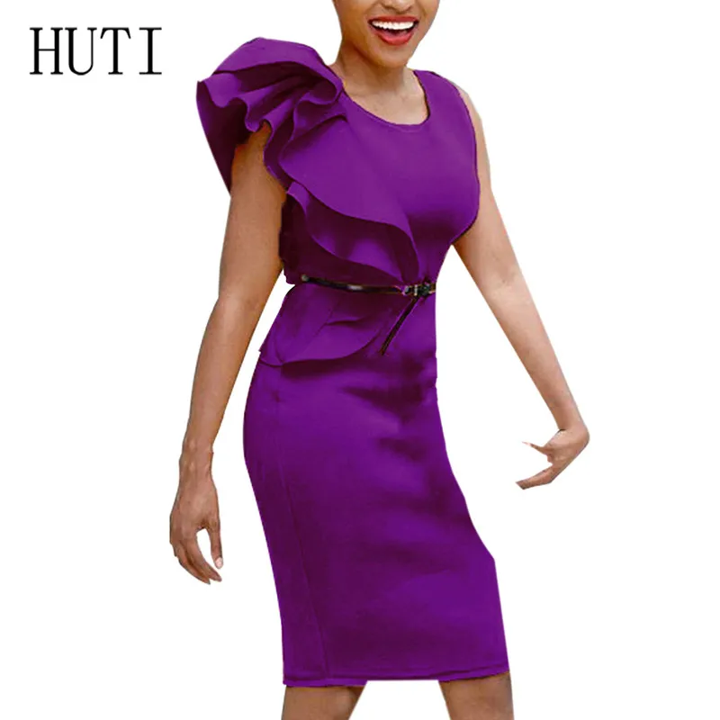 

HUTI Women Elegant Bodycon Dress Large Size 5XL 6XL Arrival Sleeveless Ruffles Summer Dress for Offical Lady Vestidos 2019 Mujer
