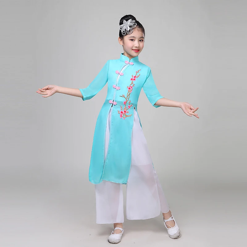 Ceny Dla dzieci klasyczne wentylator sukienka do tańca dziewczyna Yangko taniec Costuem parasolka dziecięca taniec wydajność kostium chiński taniec ludowy tkaniny