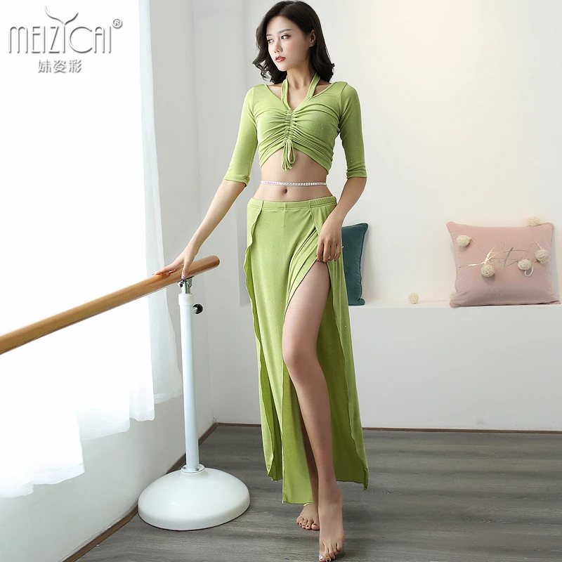 

Belly dance 2 pcs set women training practice long sleeve suit Oriental Dance drawstring top double split skirt S1124+Q3226