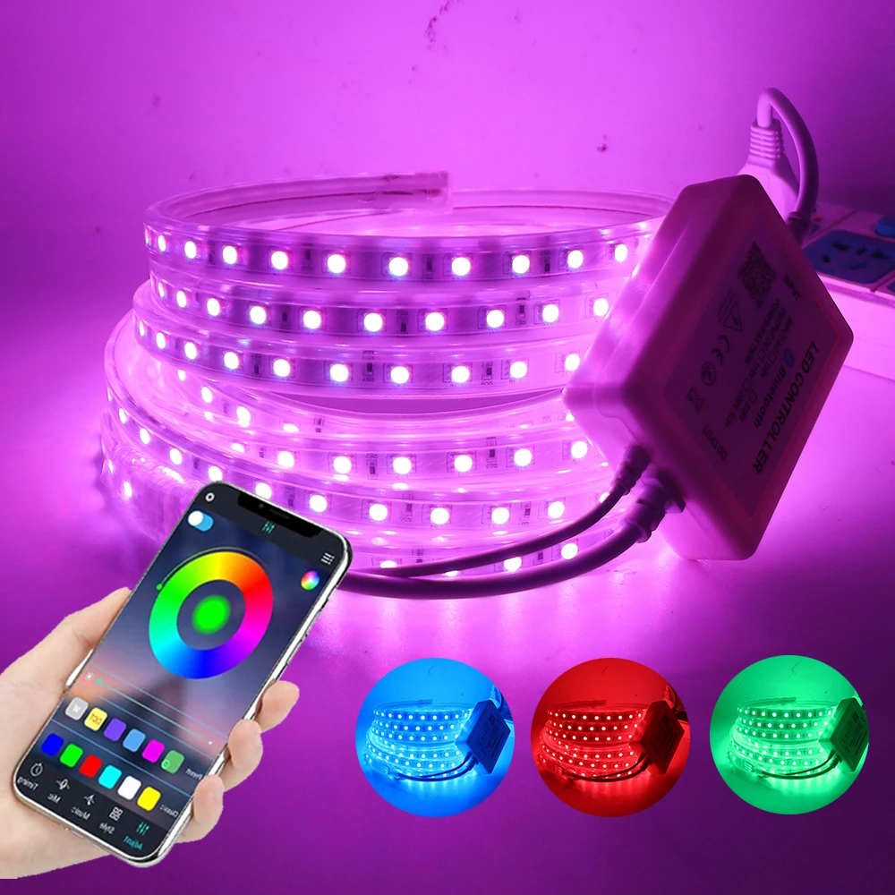 

Суперъяркая Светодиодная лента 5050 RGB с музыкальным контроллером Bluetooth, 110 В, 220 В, светодиодные световые полосы, водонепроницаемая гибкая светодиодная лента 60 светодиодов/м