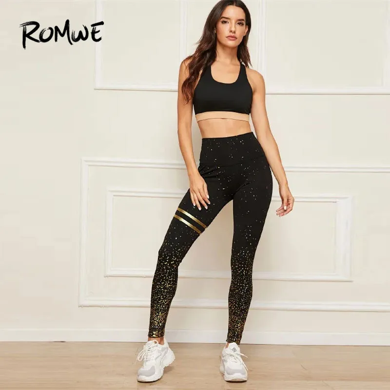 Romwe спортивные университетские полосатые черные леггинсы с горячей штамповкой, женские леггинсы для тренажерного зала и тренировок, осень, леггинсы для фитнеса и йоги с высокой талией