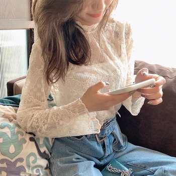 

MISHOW 2020 Spring Blouses Women 2 pieces Embroidery Crochet Lace Shirt& Cami Sets Long Sleeve Sexy Female Clothing MX20A4790