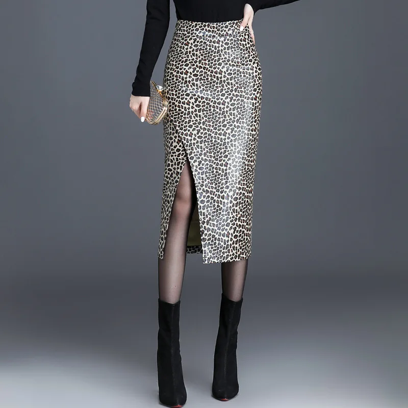 Leopard кожаная юбка2019 новое осенне зимнее похудение юбка длинный участок женская