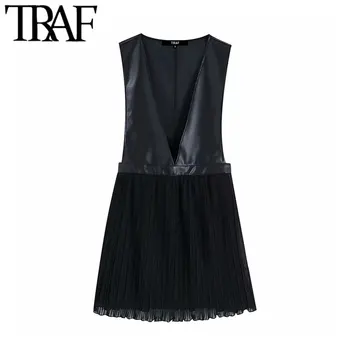 

TRAF Women Vintage Stylish Faux Leather Chiffon Patchwork Mini Dress Fashion V Neck Sleeveless Female PU Dresses Vestidos