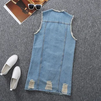 

Casual Womens Medium Length Denim Vests Summer New Brand Korean Single Breasted Hole Ripped Pockets Female Waistcoats Plus Size
