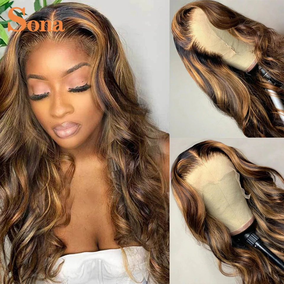 Transparente resaltar Peluca de la onda del cuerpo de la peluca con malla frontal brasileño Remy Ombre pelo peluca del pelo humano con destaca