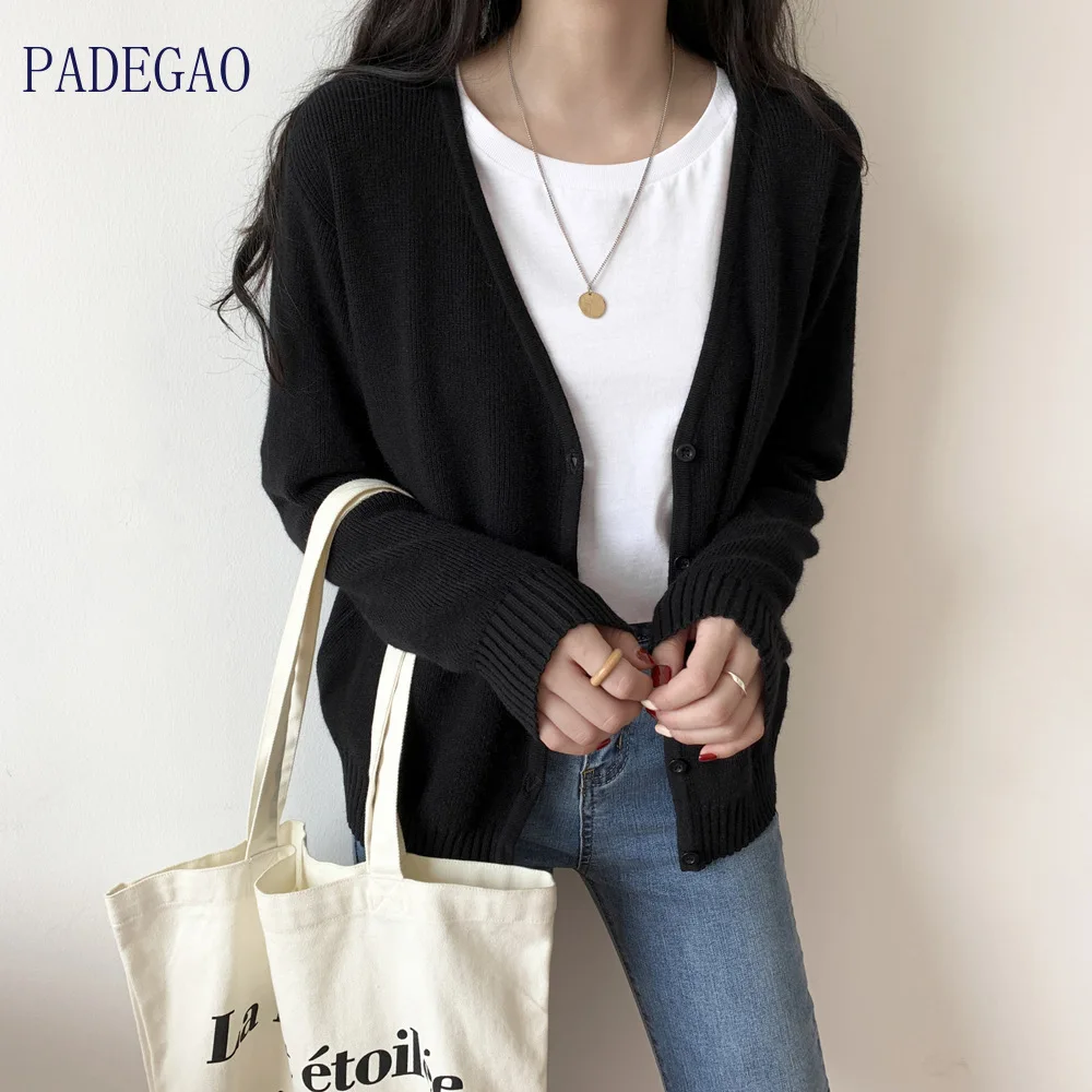 

Cardigan Woman Black Purple 2020 Autumn V-Neck Fashion Jacket Knitted Sweater Short Top Solid color Single Breasted Button