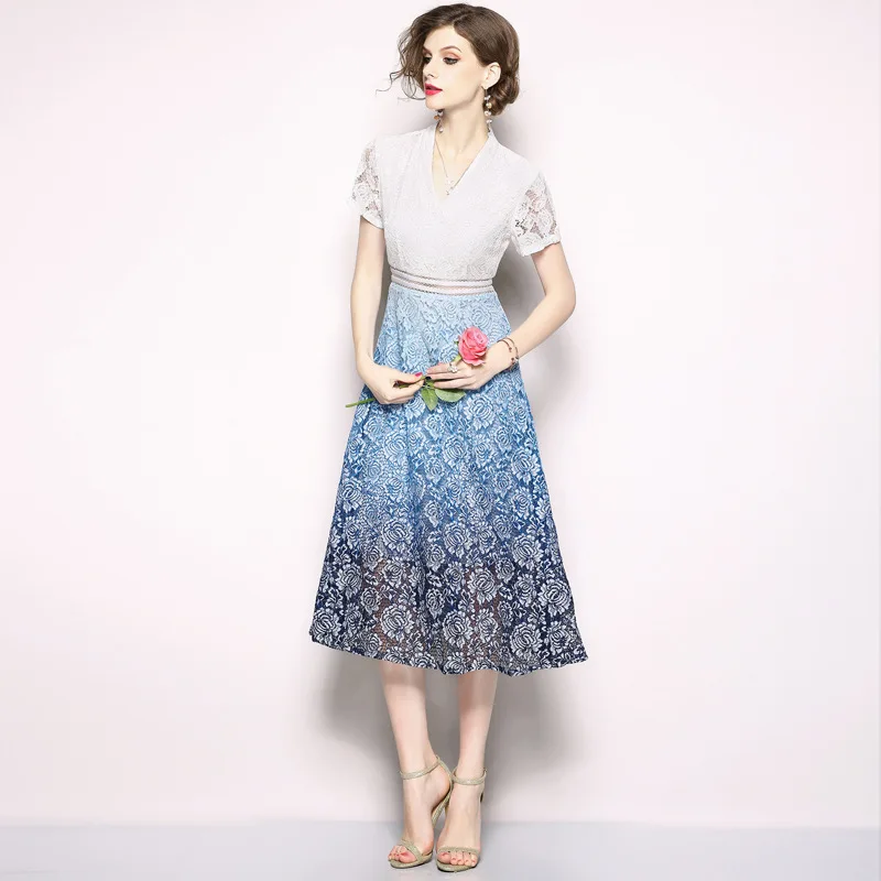 

Photo Shoot V-neck Lace Gradient Ozhouzhan Dress Women's 2018 New Style Elegant A- line Slim Fit Slimming Long Skirts