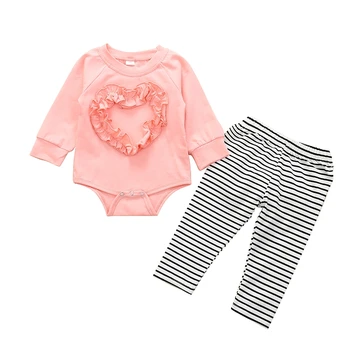 

2PCS/set Newborn Infants Baby Girl Cotton Heart Shaped Long Sleeve O-neck Bodysuit Striped Pants Leggins Cute Fashion Outfits