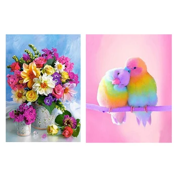 

2 Set 5D Diy Diamond Painting Rhinestone Decor Paintings - Flower & a Pair Of Parrots