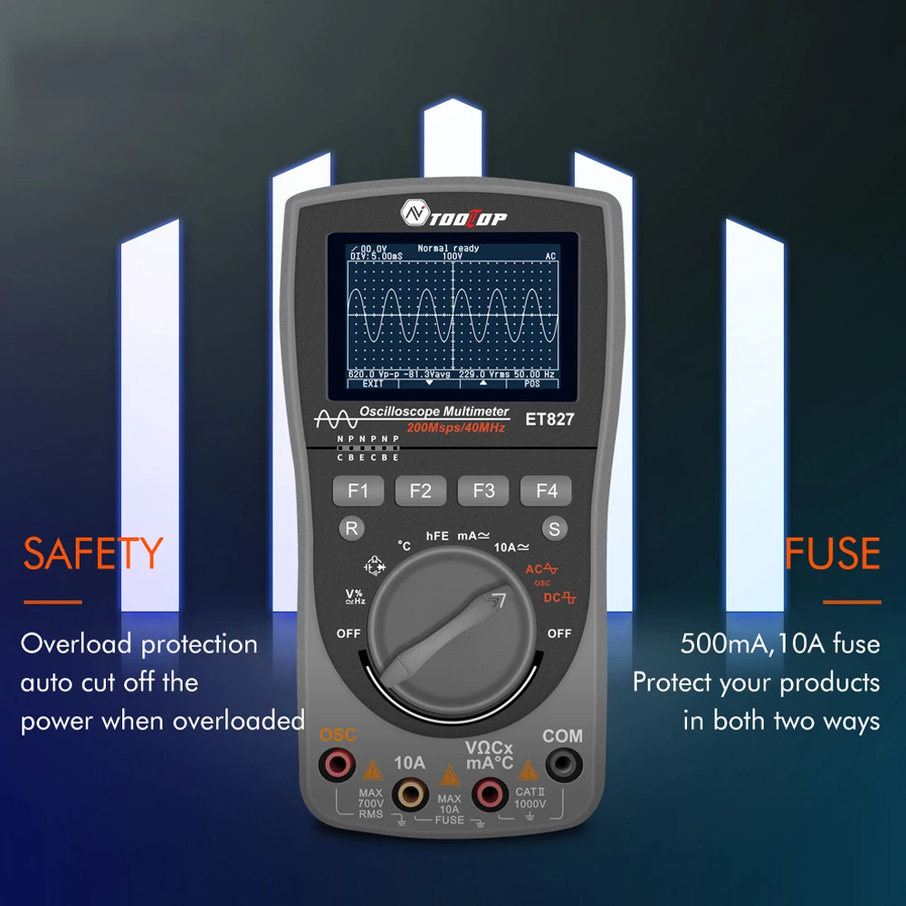 

ET827 Tester Digital Oscilloscope Overload Protection Intelligent 200Msps Durable Tools Accurate 2 In 1 Handheld Multimeter