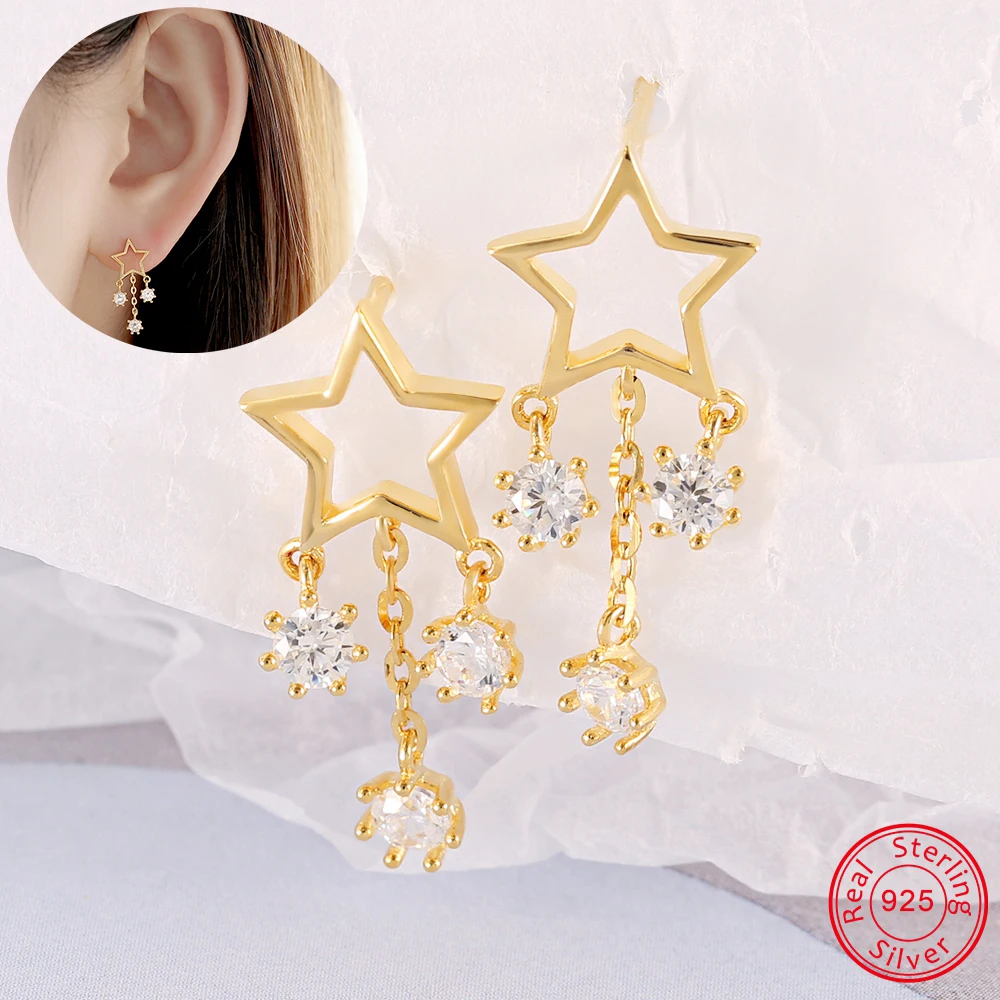 

ZEMO Silver 925 Star Tassel Earrings for Women Gold CZ Dangle Earrings for Girls Personalited Crystal Hang Earrings Ear Jewelry