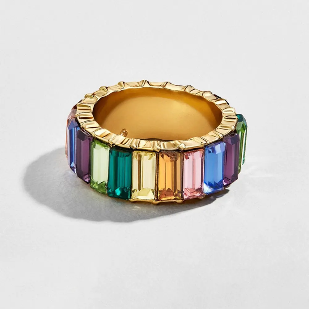 7 стилей изысканное Радужное кольцо цвет ful многоцветный Цирконий вечность площадь багет золотой перстень для женщин женские ювелирные изделия аксессуар - Цвет основного камня: colorful
