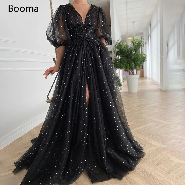 Booma Black Starry Tulle Prom Dresses Sparkly V-Neck Half Puff Sleeves Ruched Wedding Party Dresses Slits Long A-Line Prom Gowns black