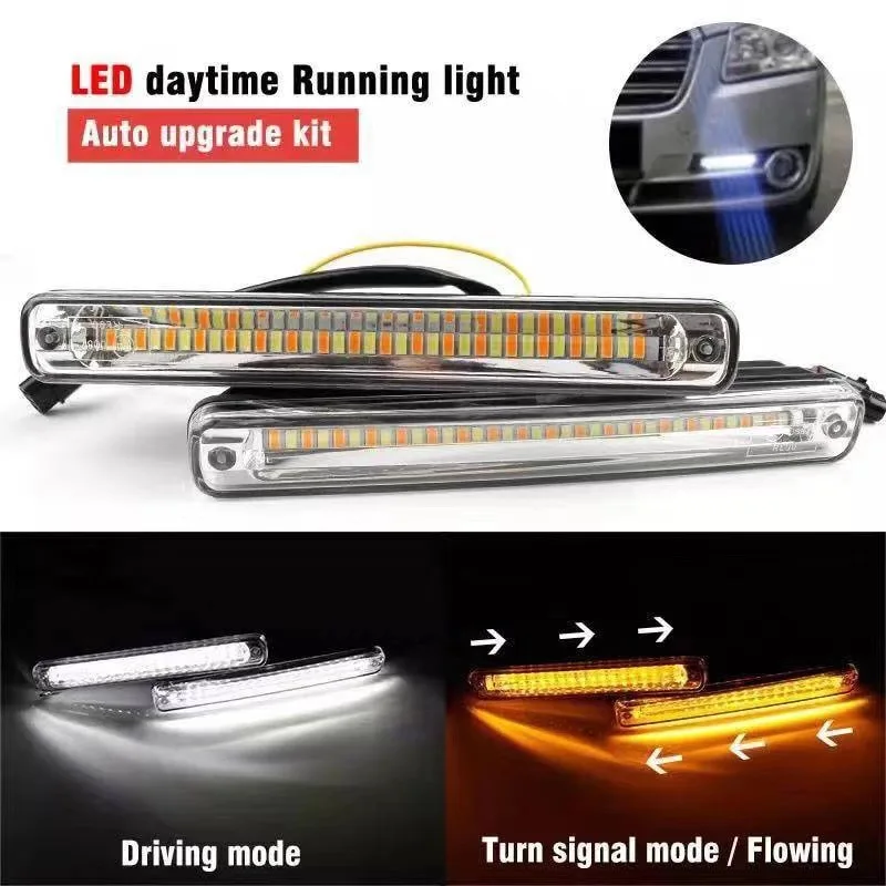 

2pcs amber following led DRL Daytime Running Light with Turning Signal features 12V waterproof headlights for cars