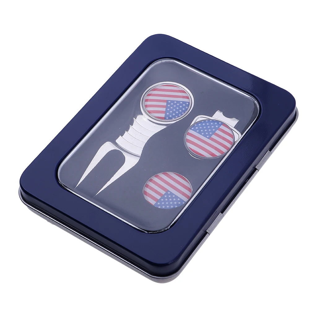 Golf Divot Tool Ball Marker Hat Clip Patriotic Golf Gift Case Set Accessory