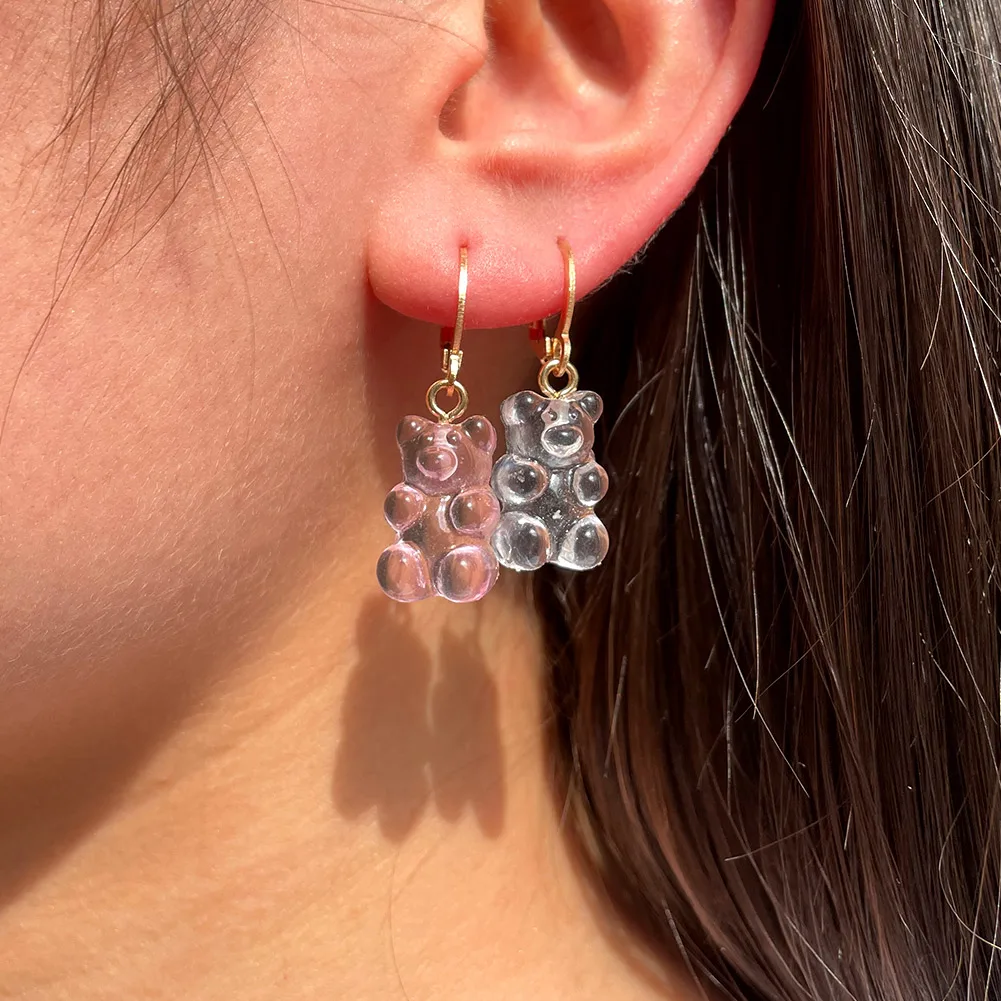 Flatfoosie Multicolor Resin Gummy Bear Drop Earrings for Women Cute Transparent Jelly Cartoon Bear Dangle Earring Trendy Jewelry drop earrings dangle earrings
